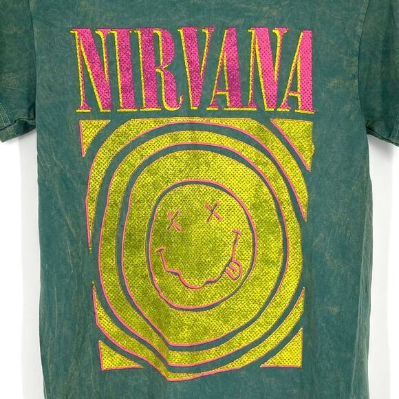 Officially Licensed Nirvana Smiley Face Tee Green Acid Wash Small - Picture 3 of 6